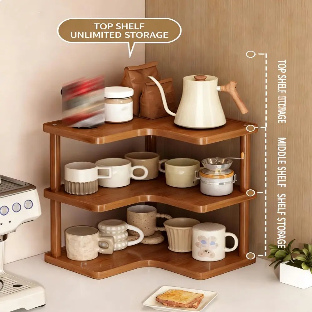 2 Tier Wooden Counter Storage Rack Corner