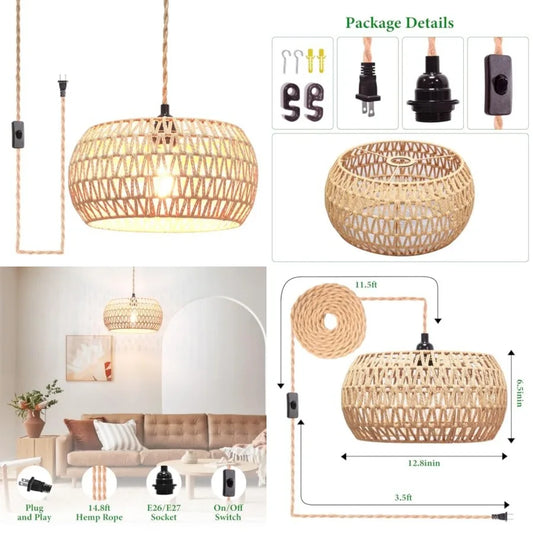 Plug in Pendant Light Rattan Hanging Lamp