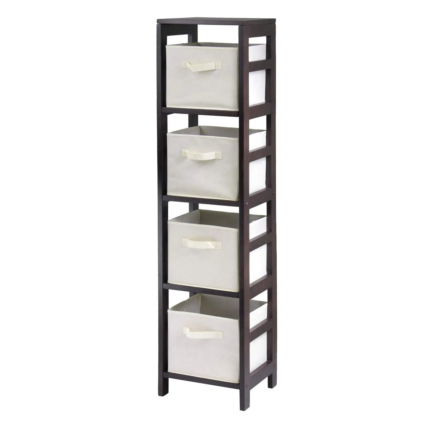 Four-Compartment Wooden Shelf With Foldable Fabric Baskets