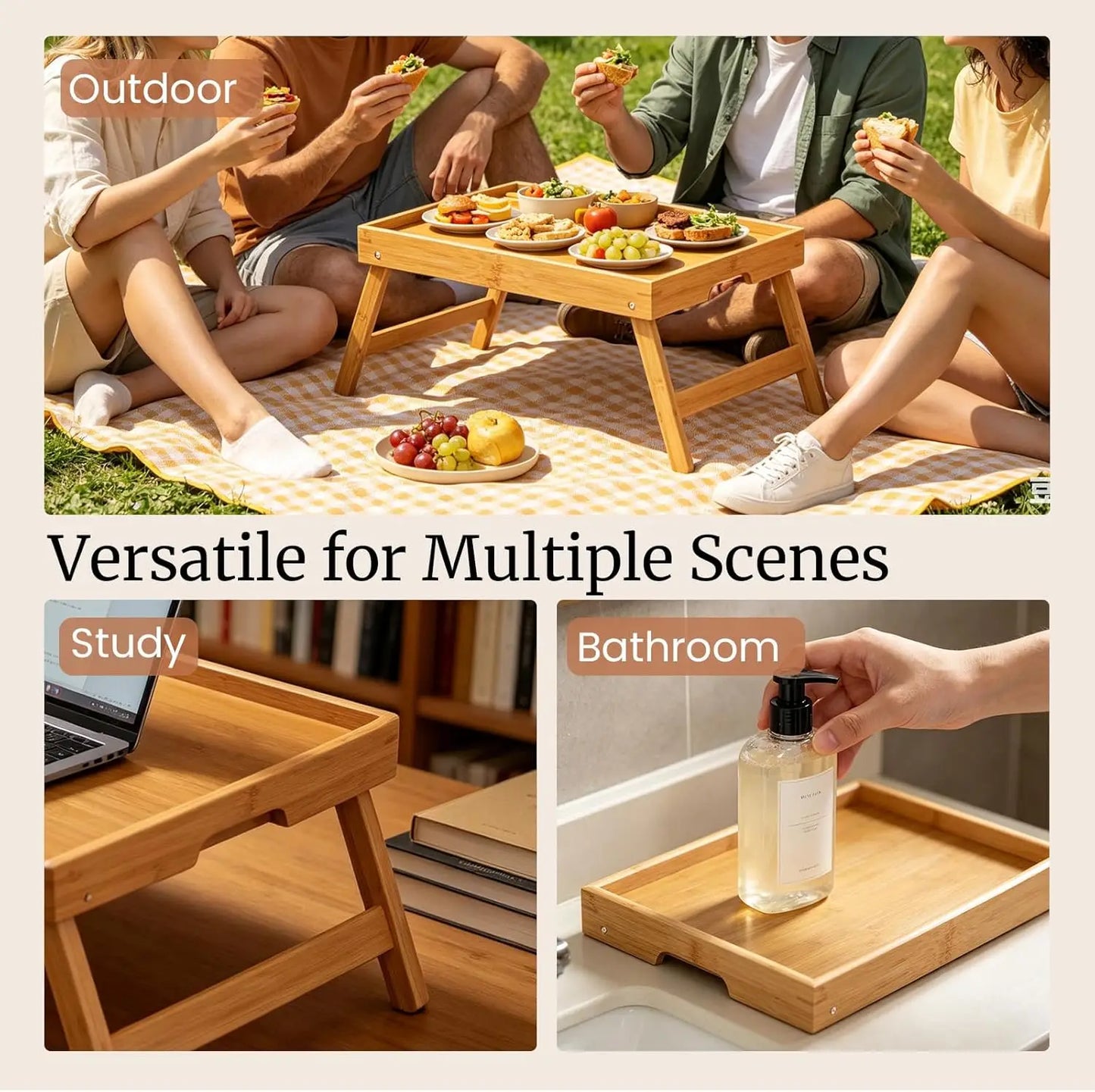 2 Pack Bamboo Bed Tray Table with Folding Legs