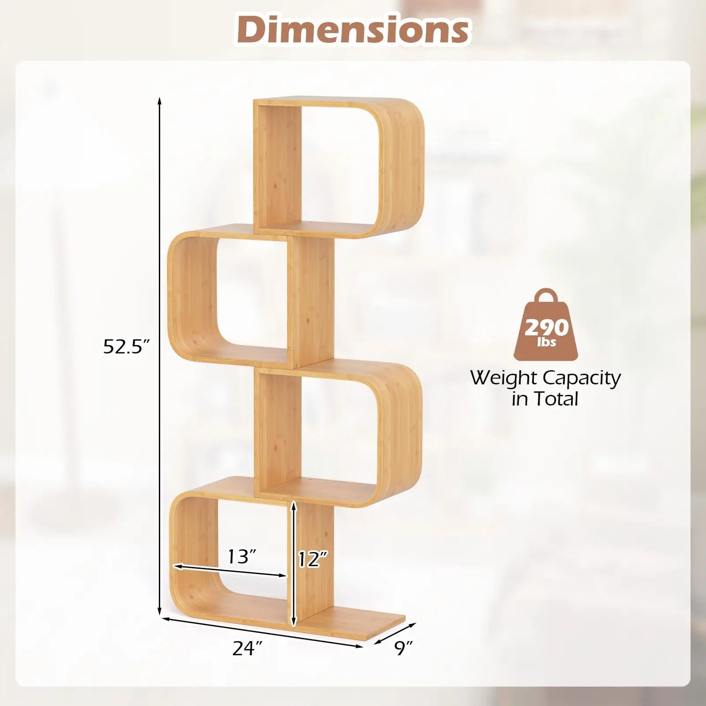 S-Shaped Bamboo Bookshelf 4-Tier Open Cube