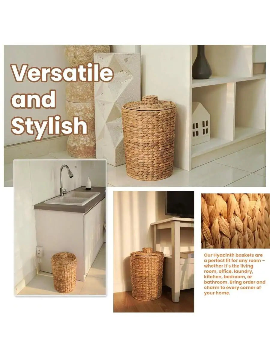 Water Hyacinth Wicker Trash Can With Lid