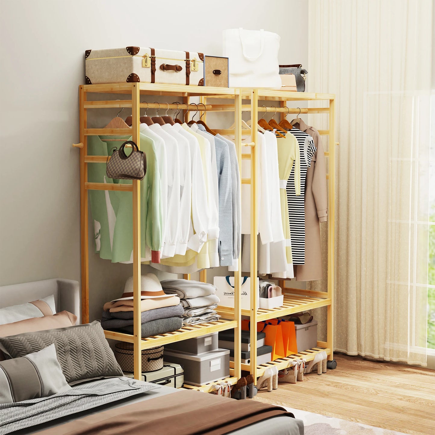 Heavy Duty Wooden Clothes Rail Rack Wardrobe