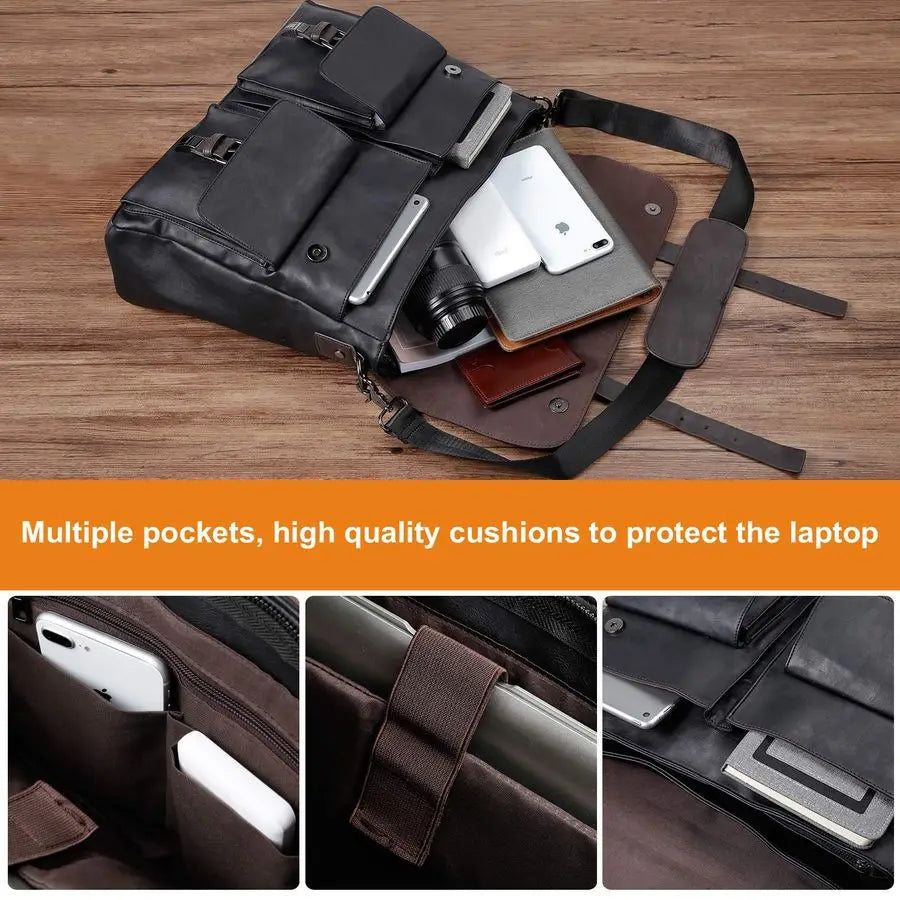Vintage Black Water Resistant Leather Laptop Bag