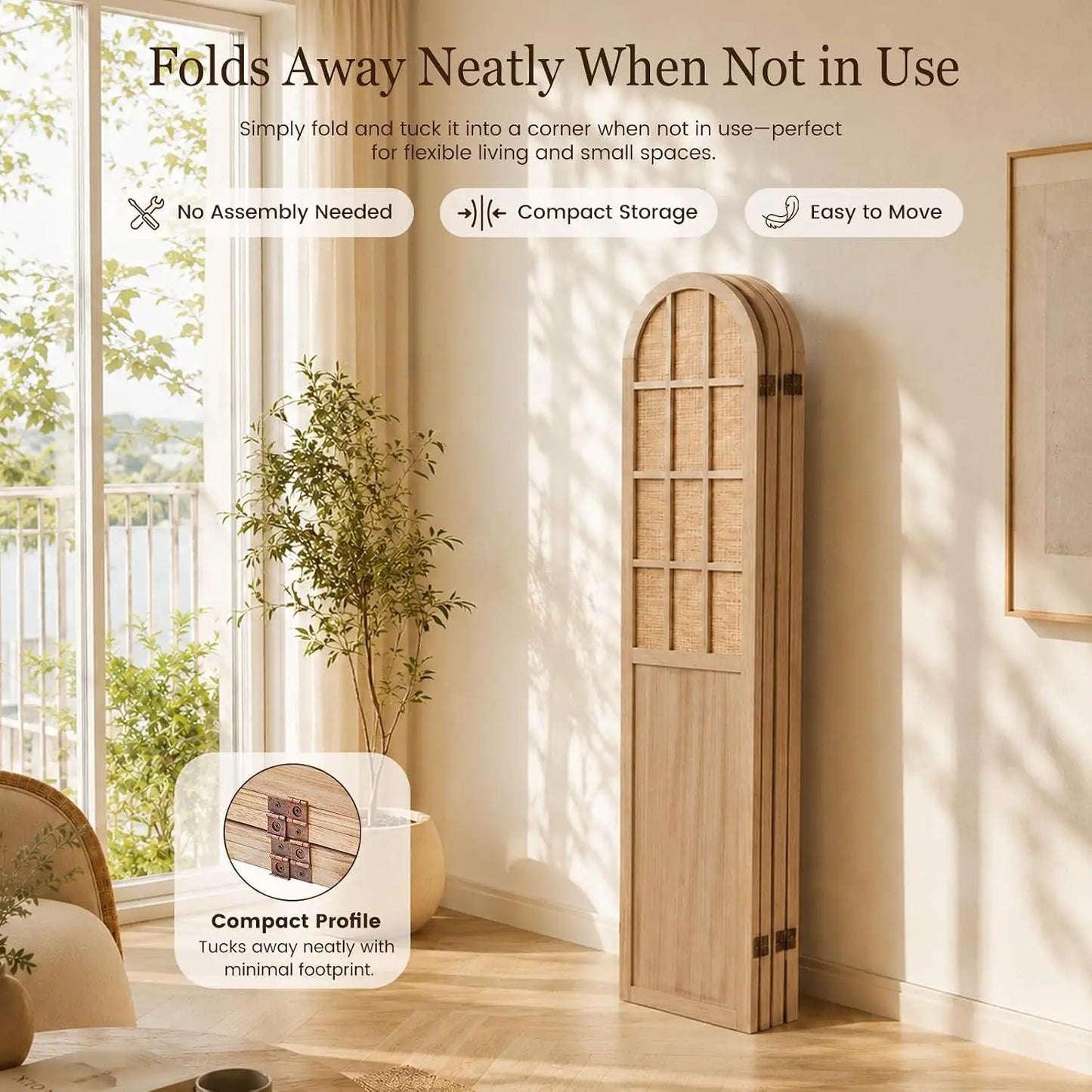 4 Panel  Bamboo Wood Room Divider Privacy Screen