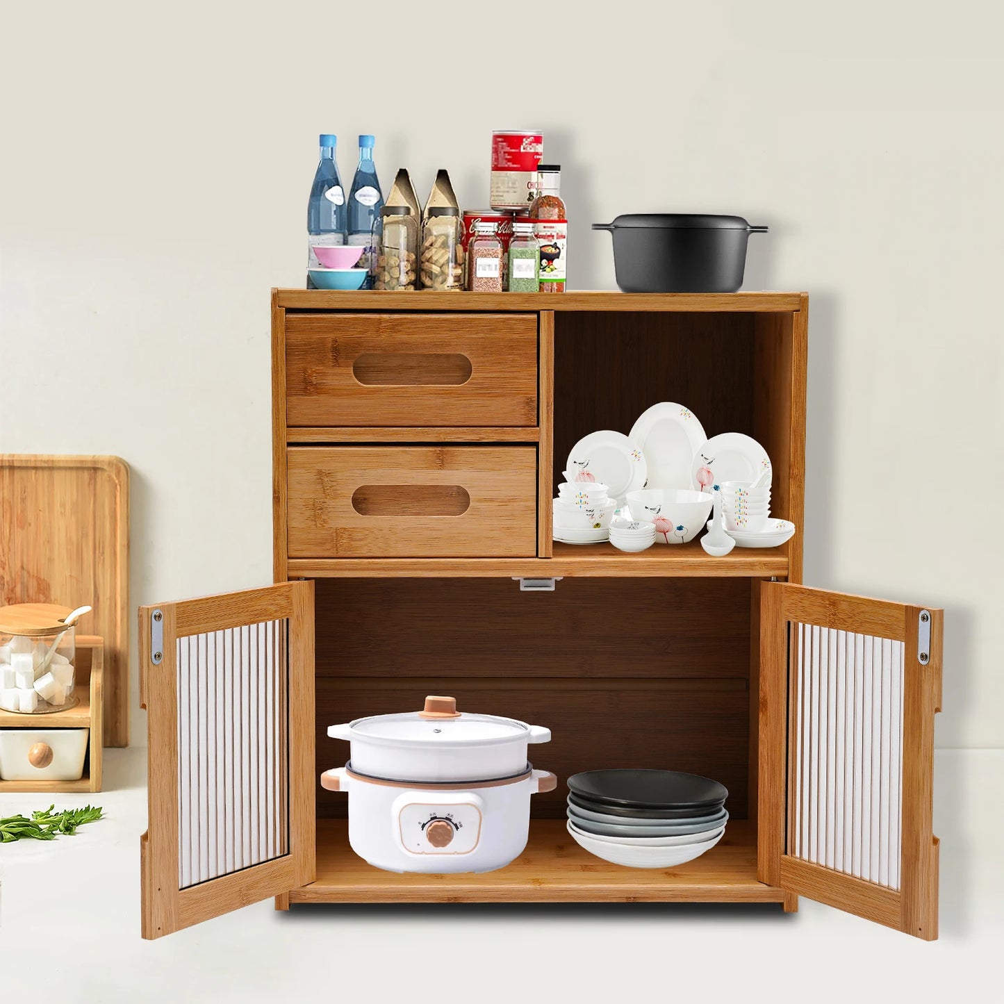 2-Tier Bamboo Kitchen Storage Cabinet with Drawers