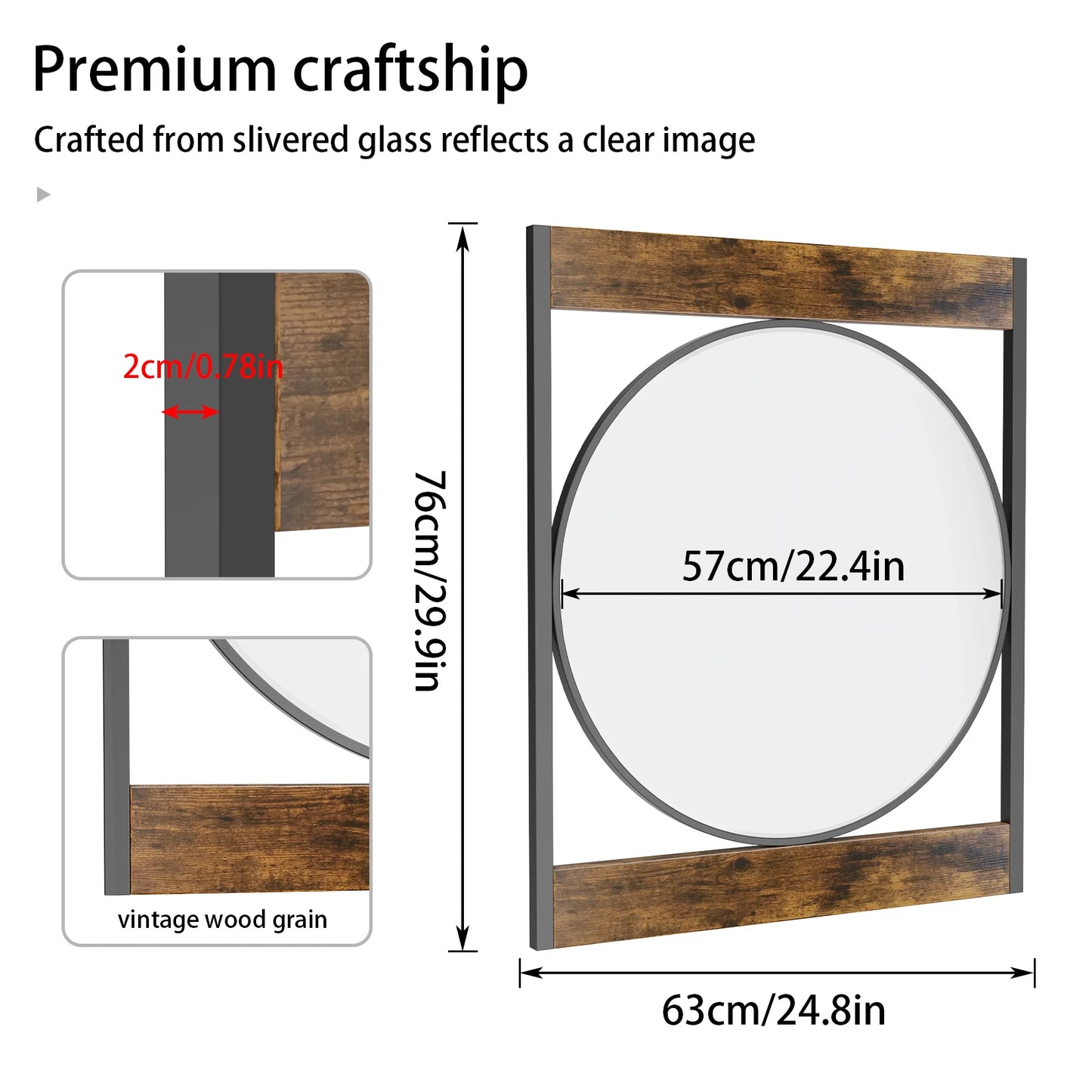 Industrial Metal Wood Frame Wall-Mounted Mirror