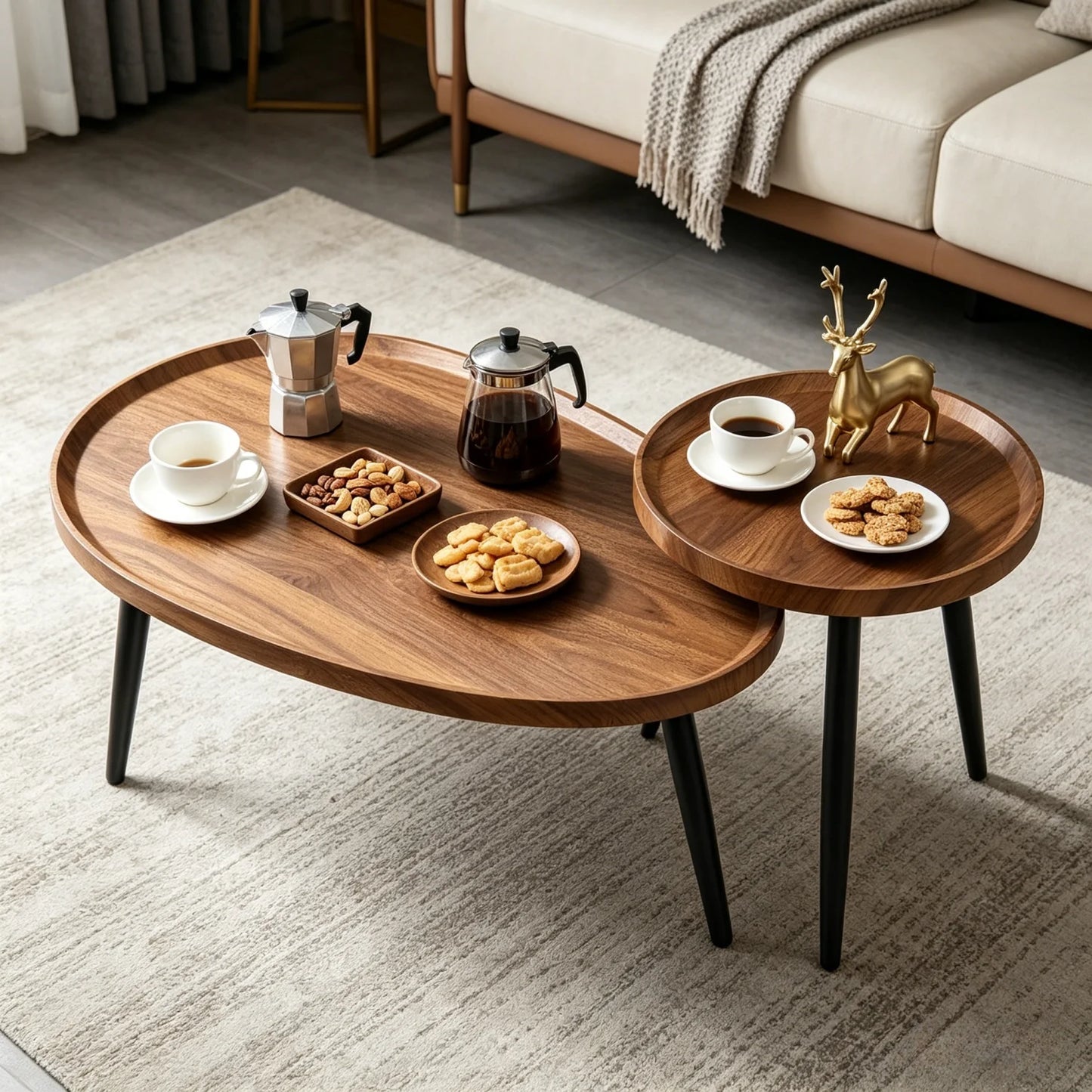 Set of 2 Mid-Century Coffee Tables Solid Wood