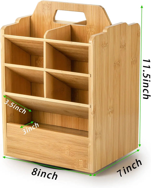 Rotating Bamboo Pen Holder Organizer Desk Stand