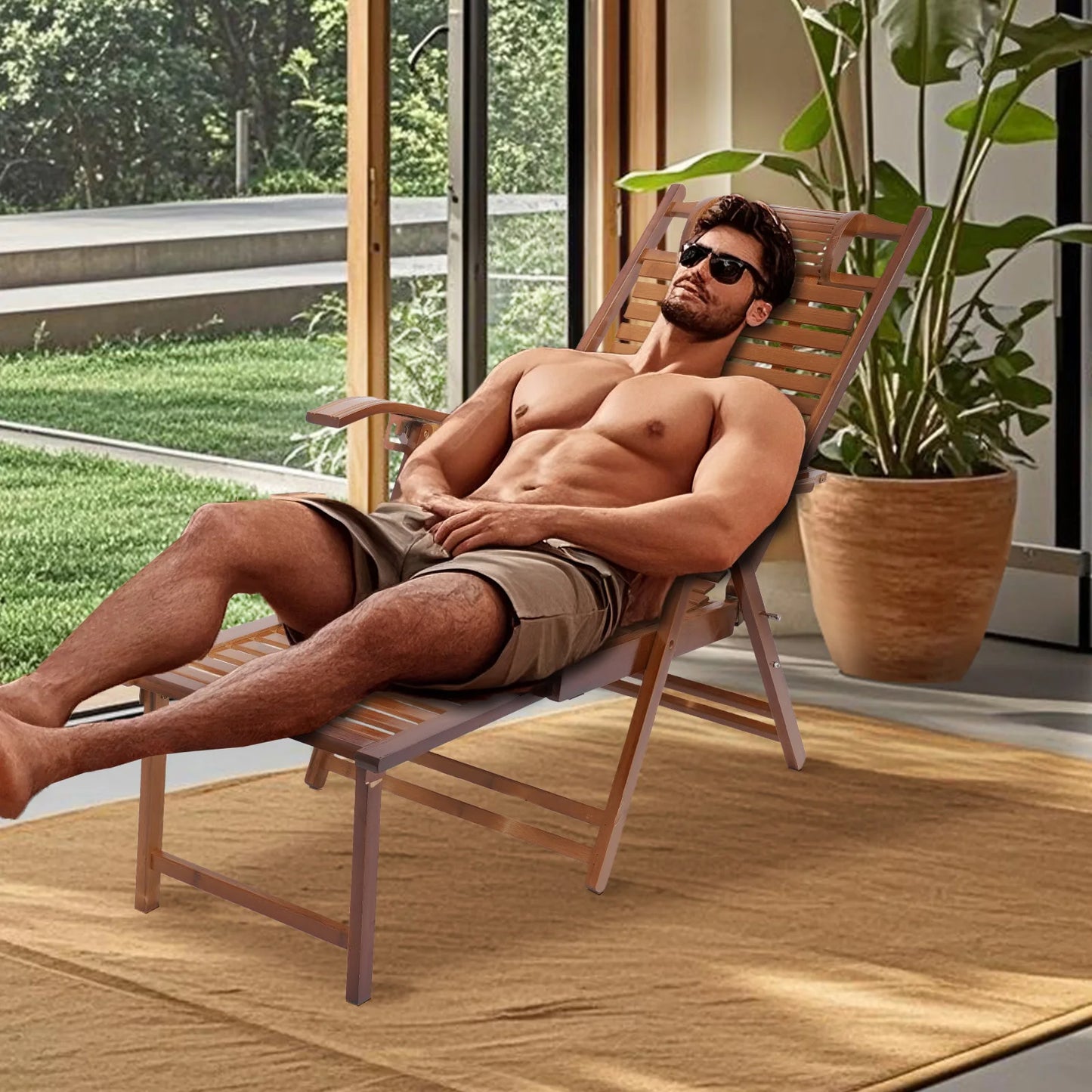 Bamboo Folding Lounge Chair  Adjustable Backrest