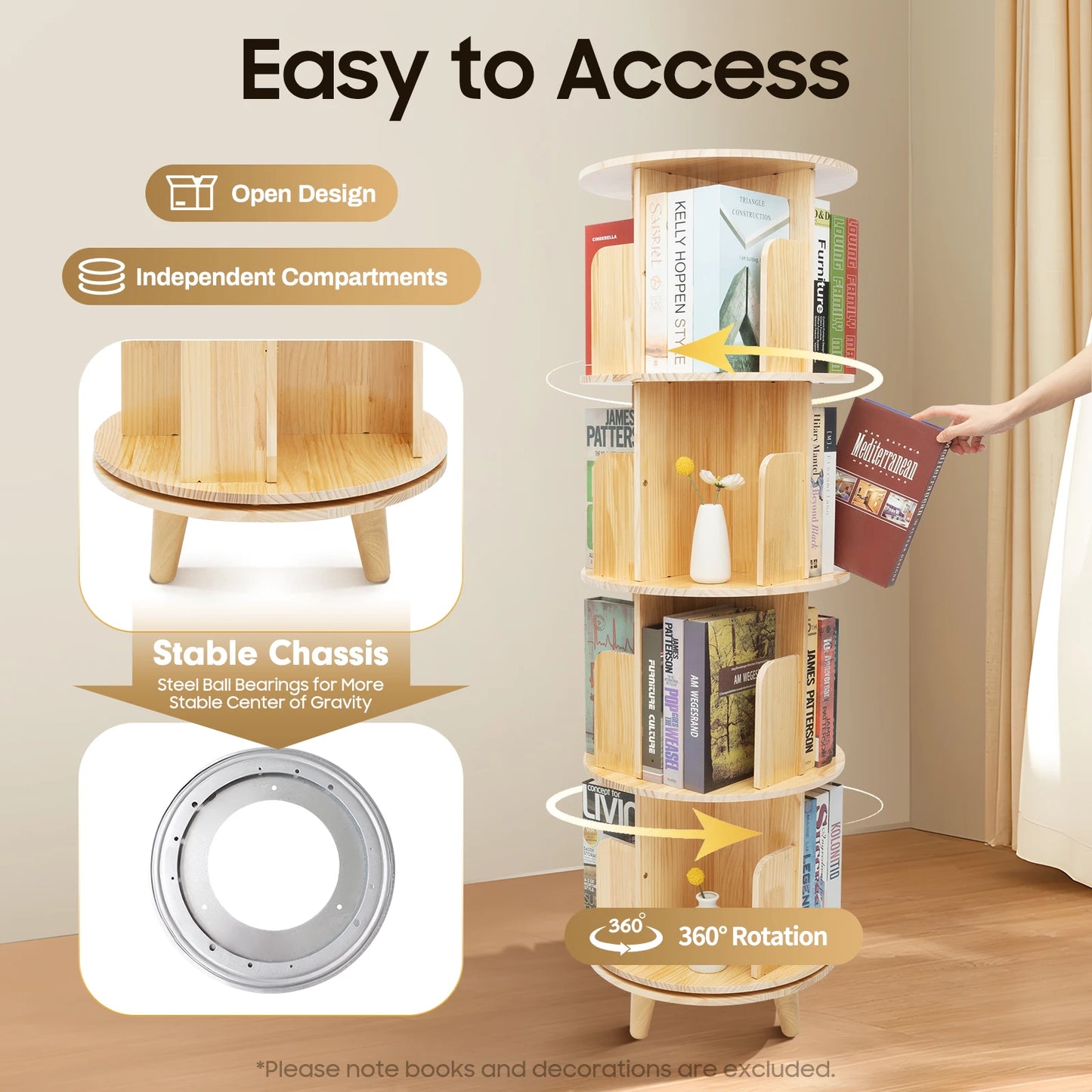 4 Tiers Freestanding Pine Wood Rotating Bookshelf