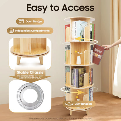 4 Tiers Freestanding Pine Wood Rotating Bookshelf