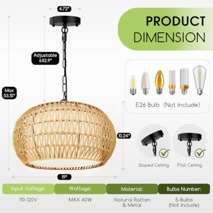 5-Lights Boho Rattan Chandelier for Dining Room